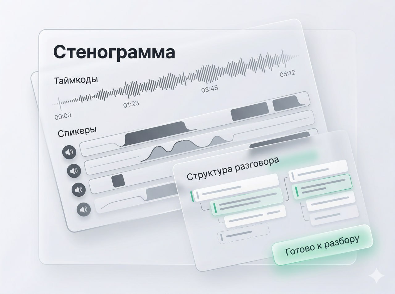 Иллюстрация стенограммы: таймкоды, спикеры и готовность разговора к разбору.